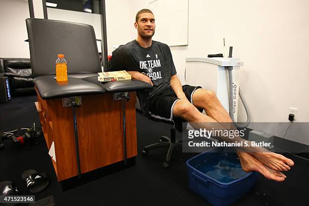 Brook Lopez of the Brooklyn Nets gets ready before Game Three of the Eastern Conference Quarterfinals against the Atlanta Hawks during the 2015 NBA...
