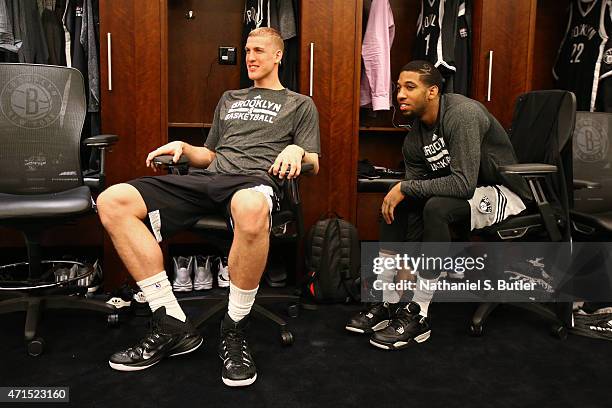 Brook Lopez and Darius Morris of the Brooklyn Nets get ready before Game Three of the Eastern Conference Quarterfinals against the Atlanta Hawks...