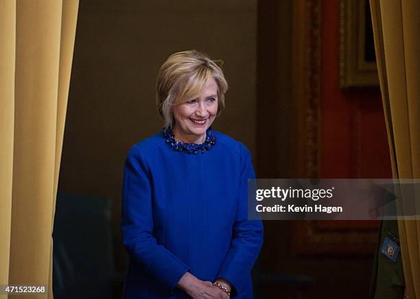 Democratic presidential hopeful and former Secretary of State Hillary Clinton waits to be introduced before speaking at the David N. Dinkins...