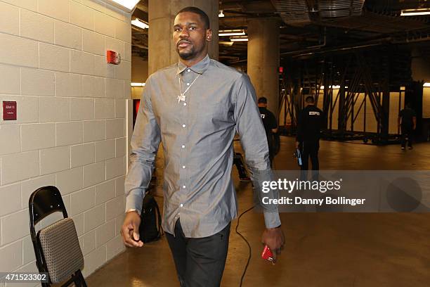 Bernard James of the Dallas Mavericks arrives before Game Three of the Western Conference Quarterfinals during the 2015 NBA Playoffs against the...