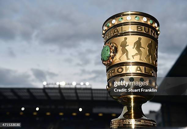 The DFB Cup trophy seen prior to the DFB Cup Semi Final match between Arminia Bielefeld and VfL Wolfsburg at Schueco Arena on April 29, 2015 in...