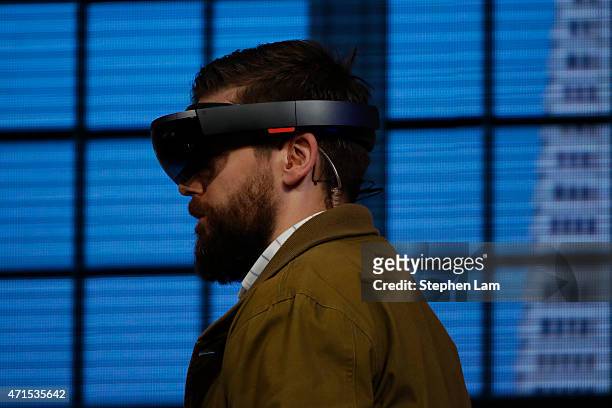 The Microsoft HoloLens augmented reality headset is demonstrated on stage during the 2015 Microsoft Build Conference on April 29, 2015 at Moscone...