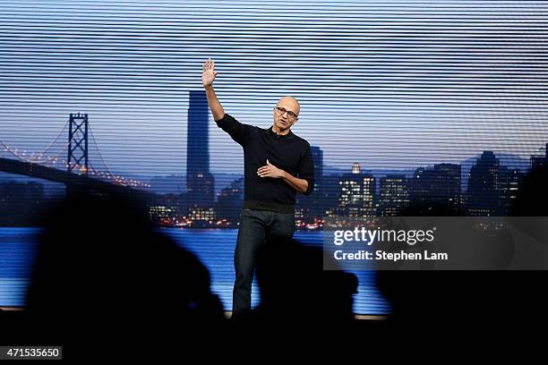 Microsoft CEO Satya Nadella waves goodbye to the audience during a keynote at the 2015 Microsoft Build Conference on April 29, 2015 at Moscone Center...