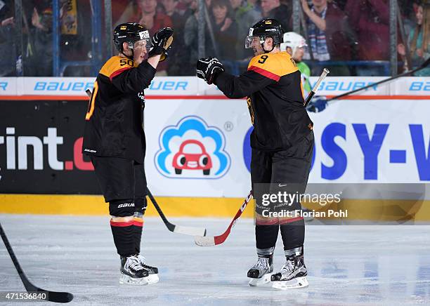 Patrick Hager and Thomas Rieder of Team Germany during the game between Germany and Slovenia on april 29, 2015 in Berlin, Germany.