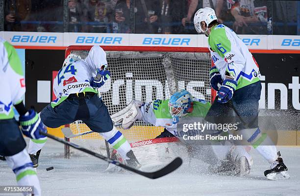 Rok Ticar, Luka Gracnar and Blaz Gregorc of Team Slovenia during the game between Germany and Slovenia on april 29, 2015 in Berlin, Germany.