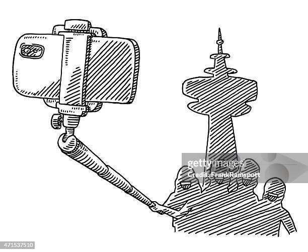 touristen-gruppe nimmt ein foto, selfie-stick zeichnung - one person stock illustrations stock-grafiken, -clipart, -cartoons und -symbole