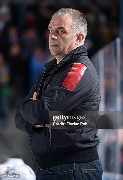 Coach Matjaz Kopitar of Team Slovenia during the game between Germany and Slovenia on april 29, 2015 in Berlin, Germany.