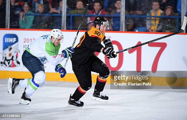Klemen Pretnar of Team Slovenia and Patrick Hager of Team Germany during the game between Germany and Slovenia on april 29, 2015 in Berlin, Germany.