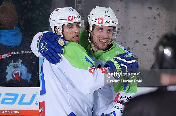 Ziga Pance and Anze Kopitar of Team Slovenia during the game between Germany and Slovenia on april 29, 2015 in Berlin, Germany.