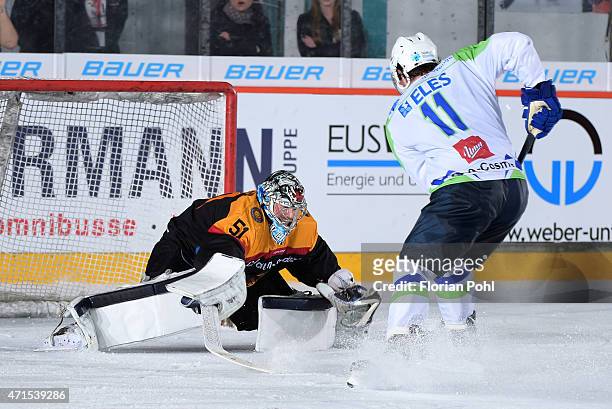 Timo Pielmeier of Team Germany and Anze Kopitar of Team Slovenia during the game between Germany and Slovenia on april 29, 2015 in Berlin, Germany.