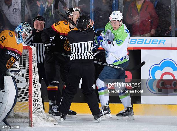 Bjoern Krupp of Team Germany and Robert Sabolic of Team Slovenia during the game between Germany and Slovenia on april 29, 2015 in Berlin, Germany.