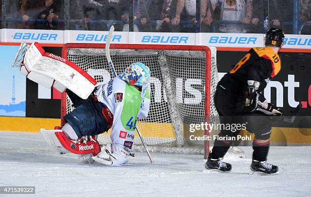 Luka Gracnar of Team Slovenia and Kai Hospelt of Team Germany during the game between Germany and Slovenia on april 29, 2015 in Berlin, Germany.