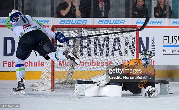 Anze Kopitar of Team Slovenia and Timo Pielmeier of Team Germany during the game between Germany and Slovenia on april 29, 2015 in Berlin, Germany.