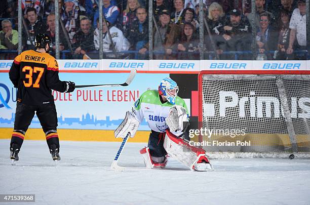 Patrick Reimer of Team Germany and Luka Gracnar of Team Slovenia during the game between Germany and Slovenia on april 29, 2015 in Berlin, Germany.