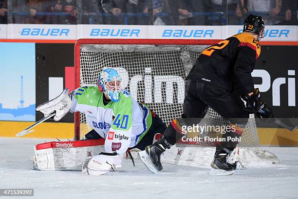 Luka Gracnar of Team Slovenia and Matthias Plachta of Team Germany during the game between Germany and Slovenia on april 29, 2015 in Berlin, Germany.