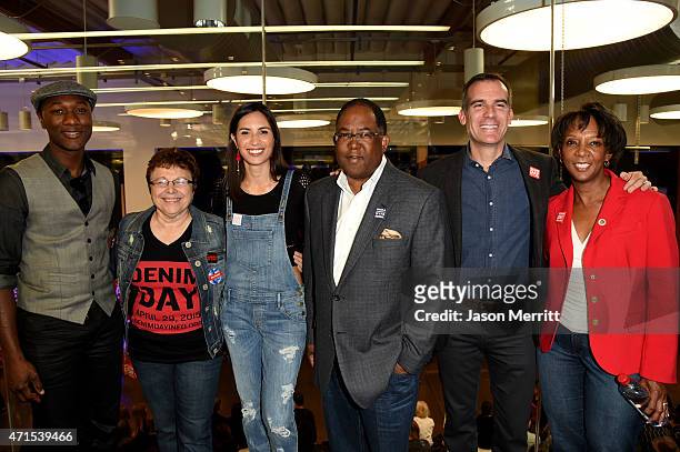Denim Day 2015 Spokesperson and recording artist Aloe Blacc, Denim Day Founder and Peace Over Violence Executive Director, Patti Giggans, Denim Day...