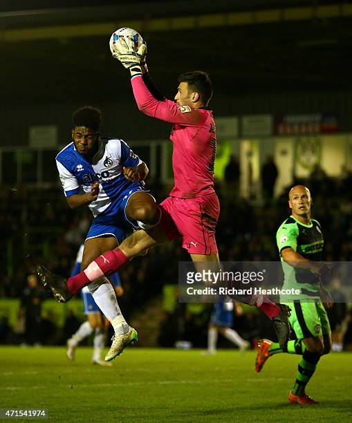 Ellis Harrison of Bristol puts in a high challenge on Forest Green goalkeeper Steve Arnold and is sent off for a second yellow card during the first...