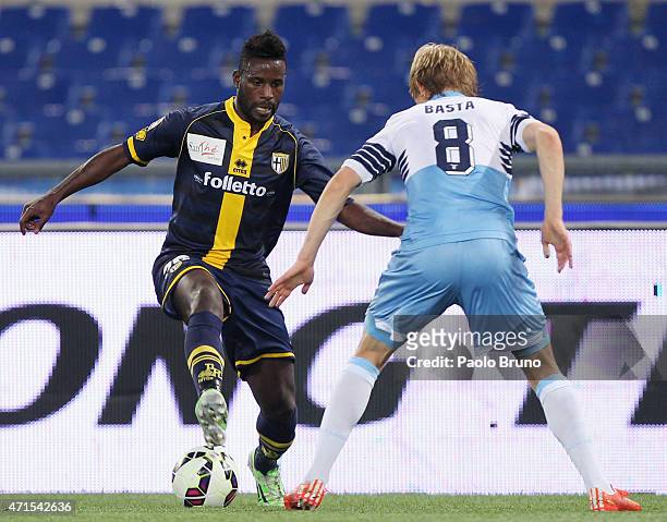 Dusan Basta of SS Lazio competes for the ball with Silvestre Varela of Parma FC during the Serie A match between SS Lazio and Parma FC at Stadio...