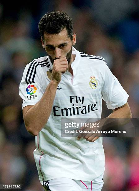 Alvaro Arbeloa of Real Madrid CF celebrates scoring their third goal during the La Liga match between Real Madrid CF and UD Almeria at Estadio...