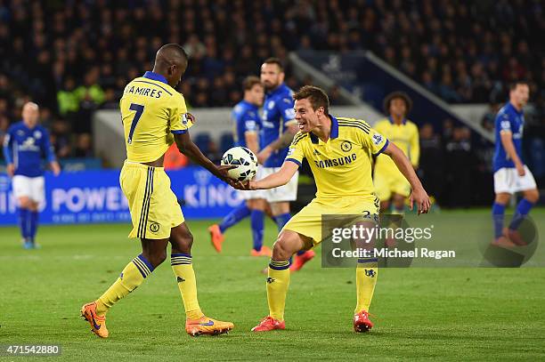 Ramires of Chelsea celebrates scoring their third goal with Cesar Azpilicueta of Chelsea during the Barclays Premier League match between Leicester...