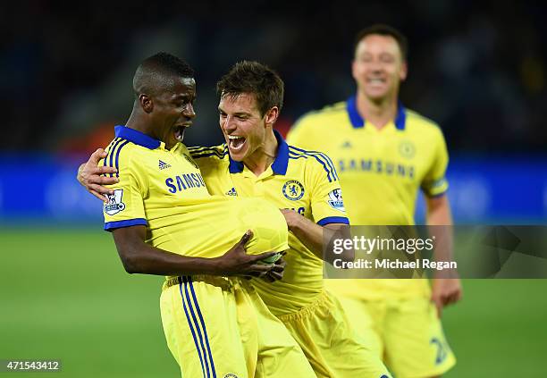 Ramires of Chelsea celebrates scoring their third goal with Cesar Azpilicueta of Chelsea during the Barclays Premier League match between Leicester...