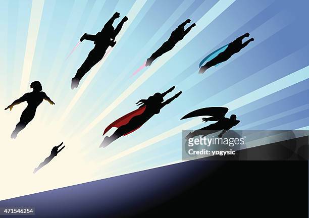 vektor-silhouette fliegen superhelden-team nach - moving forward stock-grafiken, -clipart, -cartoons und -symbole