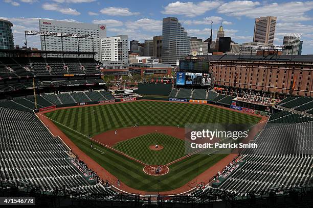 The Baltimore Orioles play the Chicago White Sox in the first inning at an empty Oriole Park at Camden Yards on April 29, 2015 in Baltimore,...