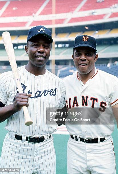 Outfielders Hank Aaron of the Atlanta Braves and Willie Mays of the San Francisco Giants both of the National League AllStars poses together for this...