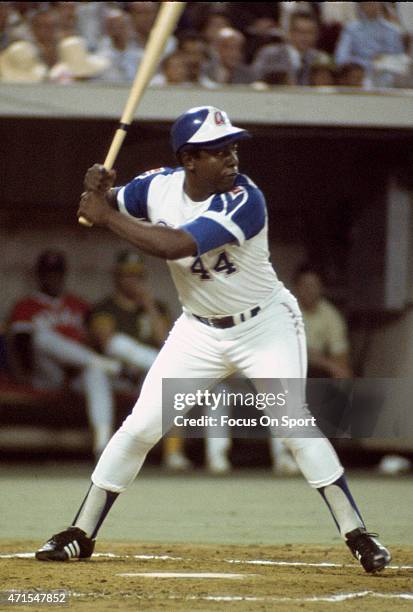 Hank Aaron of the Atlanta Braves and the National League All-Stars bats against the American League All Stars during Major League Baseball All-Star...