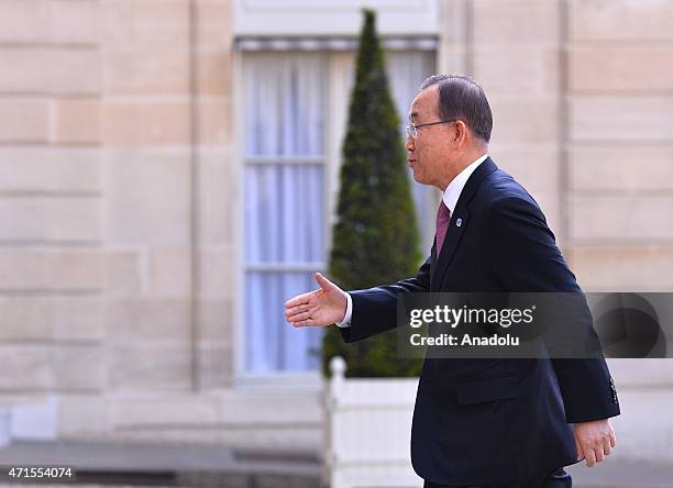 United Nations Secretary-General Ban Ki-Moon arrives at the Elysee Presidential Palace for a meeting with French President Francois Hollande on April...