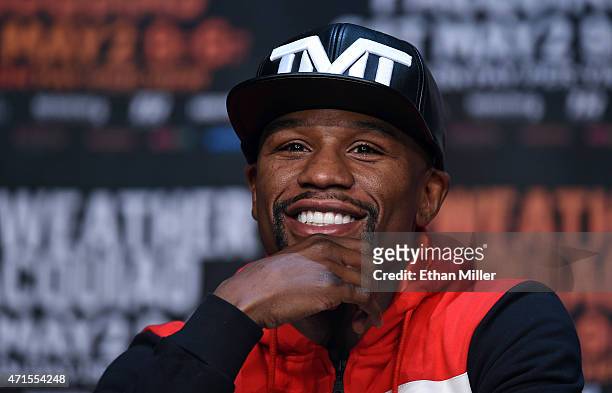 Welterweight champion Floyd Mayweather Jr. Smiles during a news conference at the KA Theatre at MGM Grand Hotel & Casino on April 29, 2015 in Las...