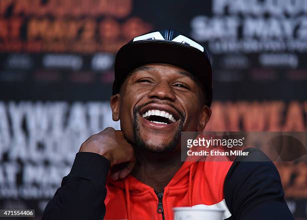 Welterweight champion Floyd Mayweather Jr. Smiles during a news conference at the KA Theatre at MGM Grand Hotel & Casino on April 29, 2015 in Las...