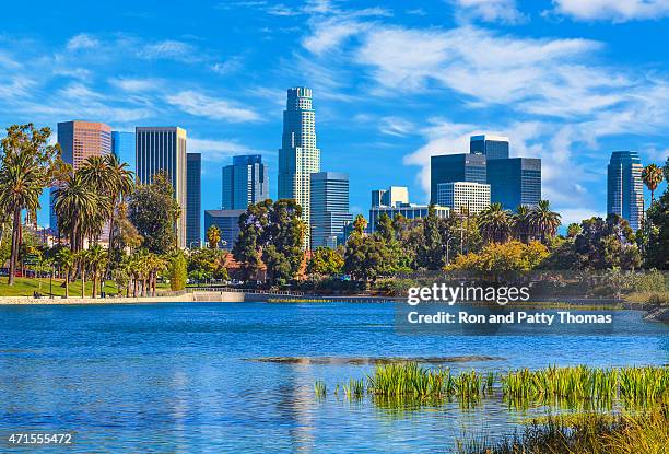 cityscape with skyscrapers of los angeles skyline, ca - los angeles skyline stock pictures, royalty-free photos & images