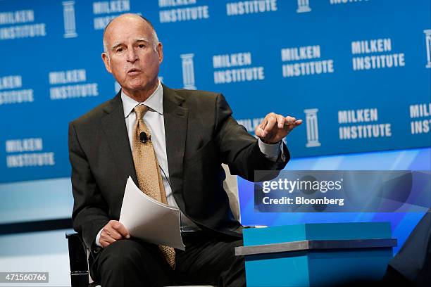 Jerry Brown, governor of California, speaks during the annual Milken Institute Global Conference in Beverly Hills, California, U.S., on Wednesday,...