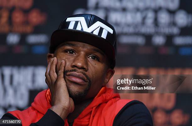 Welterweight champion Floyd Mayweather Jr. Attends a news conference at the KA Theatre at MGM Grand Hotel & Casino on April 29, 2015 in Las Vegas,...