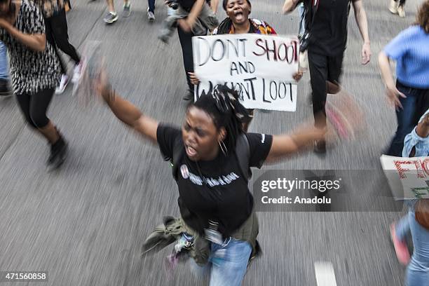 Over a thousand high school and college students march from Penn Station to City Hall for justice for Freddie Gray in Baltimore, Maryland on April...