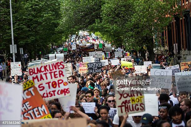 Students from Baltimore colleges and high schools march in protest chanting 'Justice for Freddie Gray' on April 29, 2015 in Baltimore, Maryland....