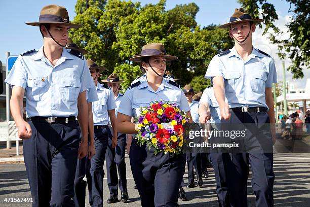 marching air force cadets - anzac day stock pictures, royalty-free photos & images