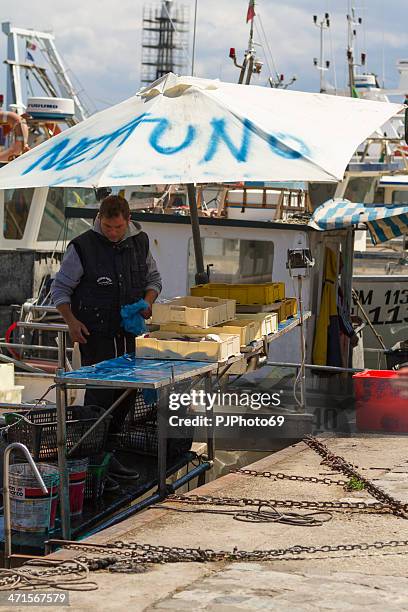fisherman sell fresh fish at port - cattolica beach stock pictures, royalty-free photos & images