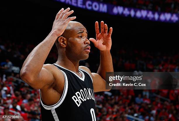 Jarrett Jack of the Brooklyn Nets reacts as he awaits the offensive play call during Game Five of the Eastern Conference Quarterfinals of the NBA...