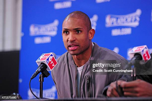 Al Horford of the Atlanta Hawks is interviewed at the post game press conference after Game Five of the Eastern Conference Quarterfinals against the...