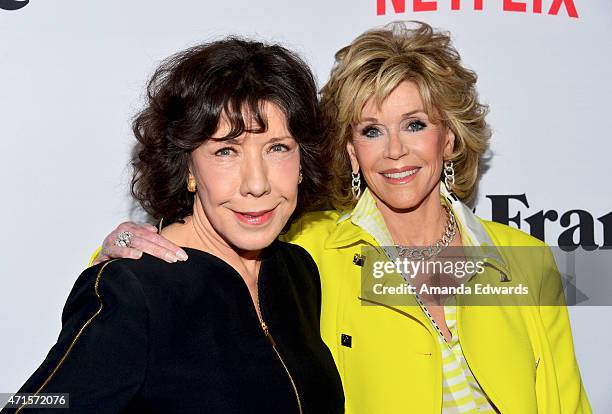 Actresses Lily Tomlin and Jane Fonda arrive at the premiere of Netflix's "Grace and Frankie" at the Regal Cinemas L.A. Live on April 29, 2015 in Los...