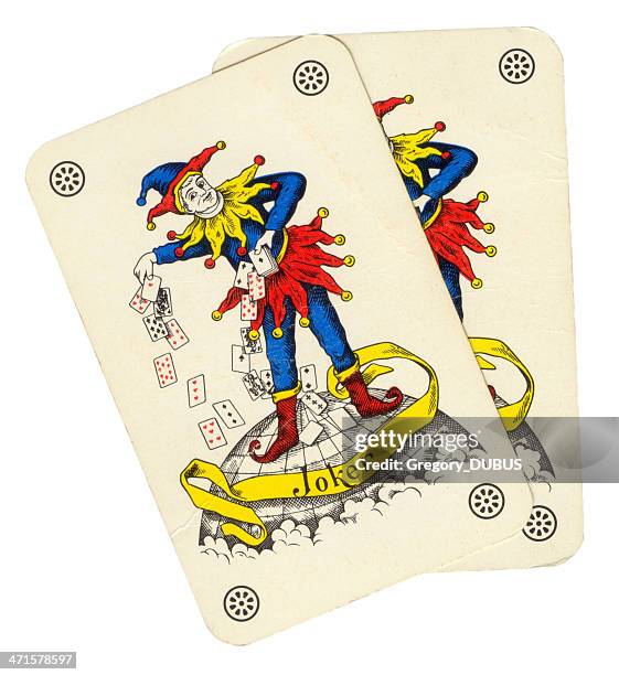 two playing card joker jester style - joker card stockfoto's en -beelden