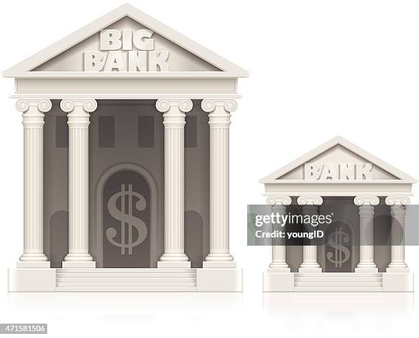 ilustraciones, imágenes clip art, dibujos animados e iconos de stock de grandes y pequeños iconos de edificio del banco - hucha