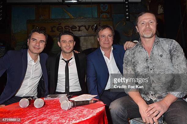 Journalist Laurent Luyat, singer Gregory Bakian,Tv presenter Fabien Lecoeuvre and football Champion Emmanuel Petit attend the Gregory Bakian's '1er...