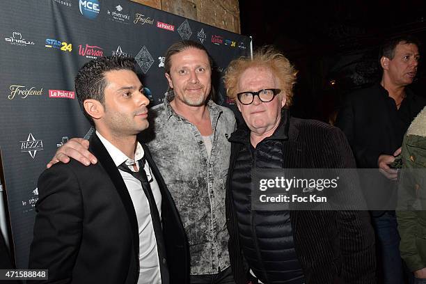 Singer Gregory Bakian, football champion Emmanuel Petit and Dominique Coubes from the Theatre du Gymnase attend the Gregory Bakian's '1er EP Eponyme'...