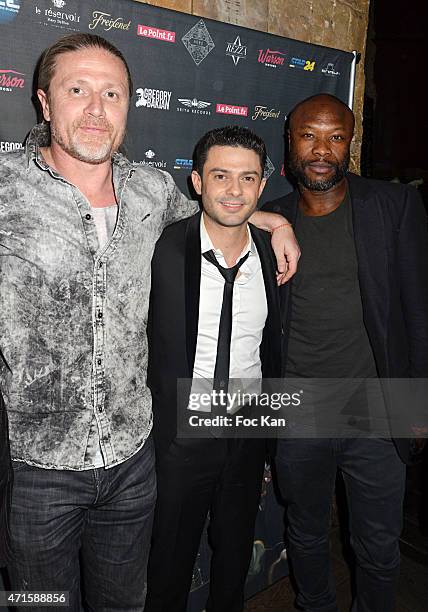 Emmanuel Petit, Gregory BakianÊand William Gallas attend the Gregory Bakian's '1er EP Eponyme' Concert Launch Party at Le Reservoir on April 29, 2015...