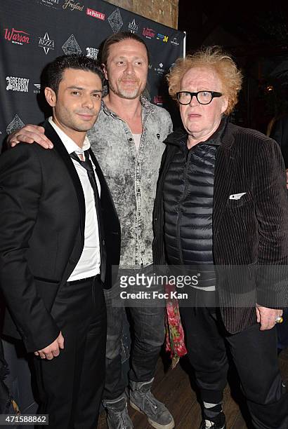Singer Gregory Bakian, football champion Emmanuel Petit and Dominique Coubes from the Theatre du Gymnase attend the Gregory Bakian's '1er EP Eponyme'...