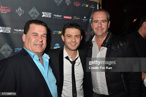 Dominique Bouley from Kart Indoor Wissous, Gregory Bakian and TV presenter Bruno Robles attend the Gregory Bakian's '1er EP Eponyme' Concert Launch...