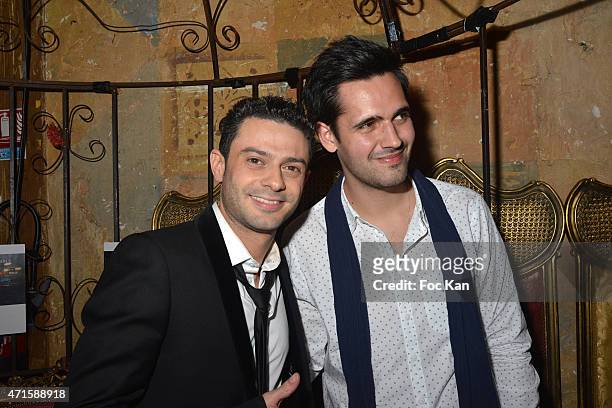 Singers Yoann Freget from The Voice and Gregory BakianÊ attend the Gregory Bakian's '1er EP Eponyme' Concert Launch Party at Le Reservoir on April...